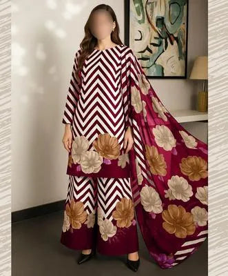 Red 3 Pcs Silky Unstitched Suit – Summer 2026