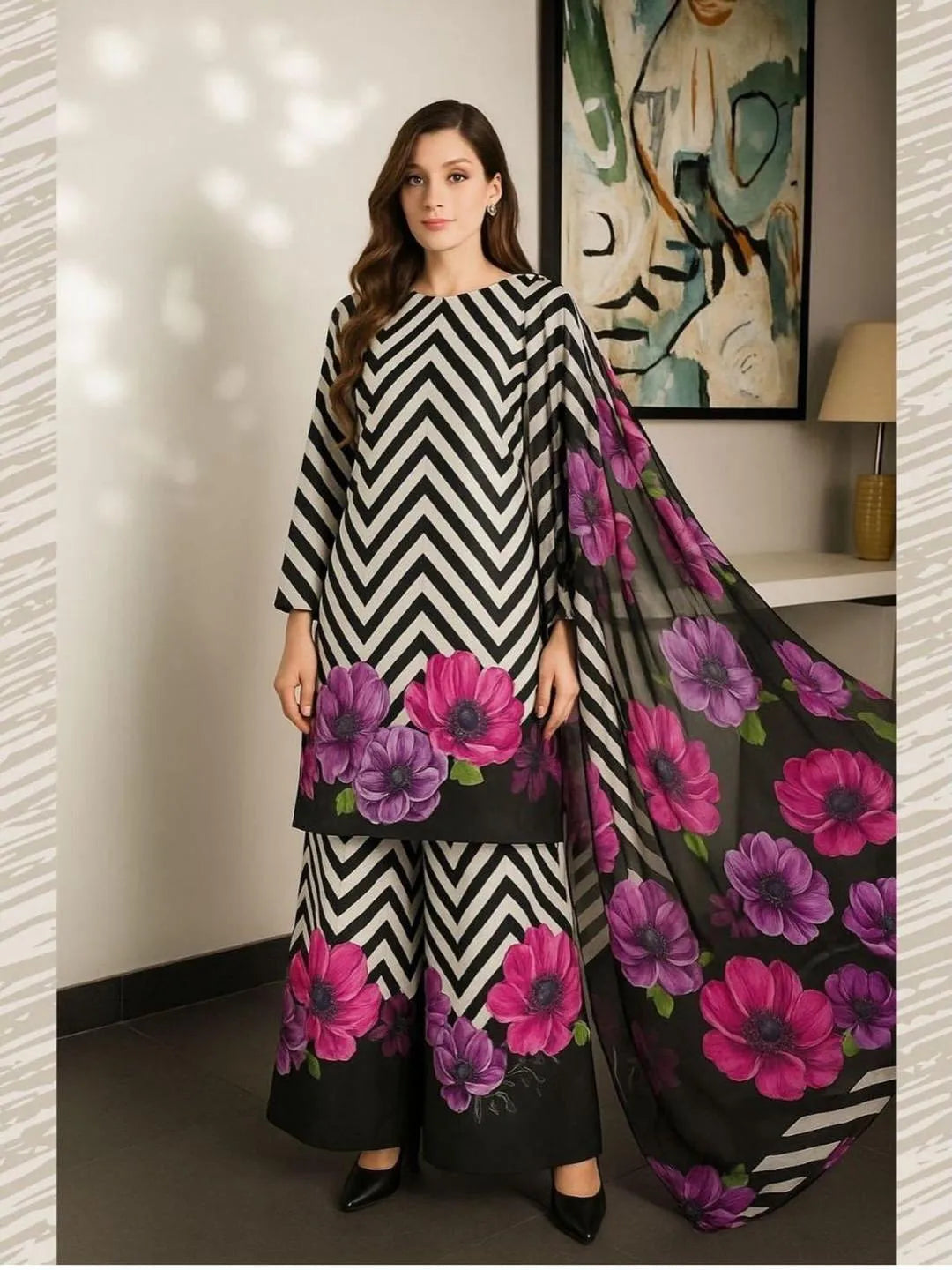 3 Pcs Silky Printed Airline Shirt Suit