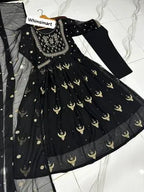 3 Pcs Women's Stitched Chiffon Embroidered Maxi Suit – Black