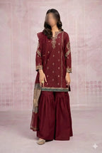 3 Pcs Women's Unstitched Embroidered Lawn Suit – Maroon