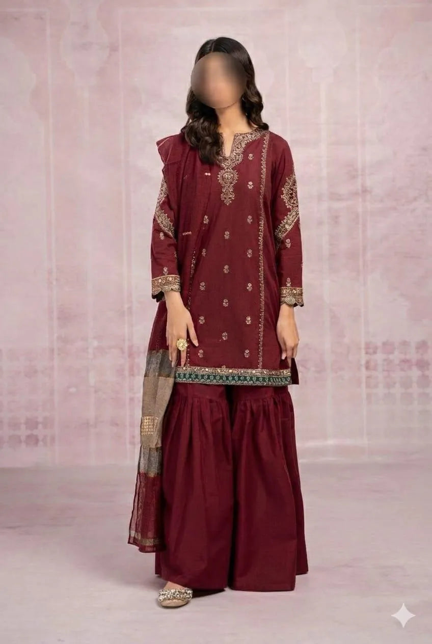 3 Pcs Women's Unstitched Embroidered Lawn Suit – Maroon