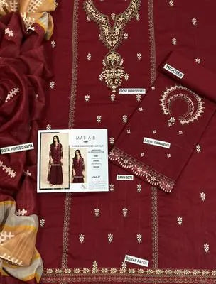 3 Pcs Women's Unstitched Embroidered Lawn Suit – Maroon