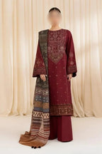 3 Pcs Women's Unstitched Embroidered Lawn Suit – Maroon