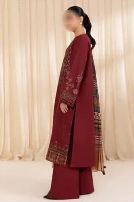 3 Pcs Women's Unstitched Embroidered Lawn Suit – Maroon