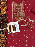 3 Pcs Women's Unstitched Embroidered Lawn Suit – Maroon
