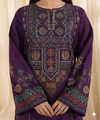 3 Pcs Women's Unstitched Embroidered Lawn Suit – Purple