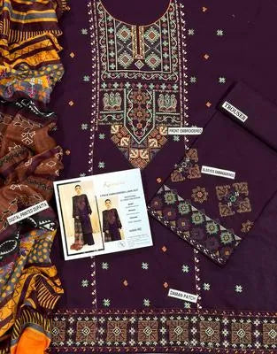 3 Pcs Women's Unstitched Embroidered Lawn Suit – Purple
