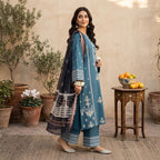 Premium 3 Pcs Unstitched Embroidered Lawn Suit – Turquoise