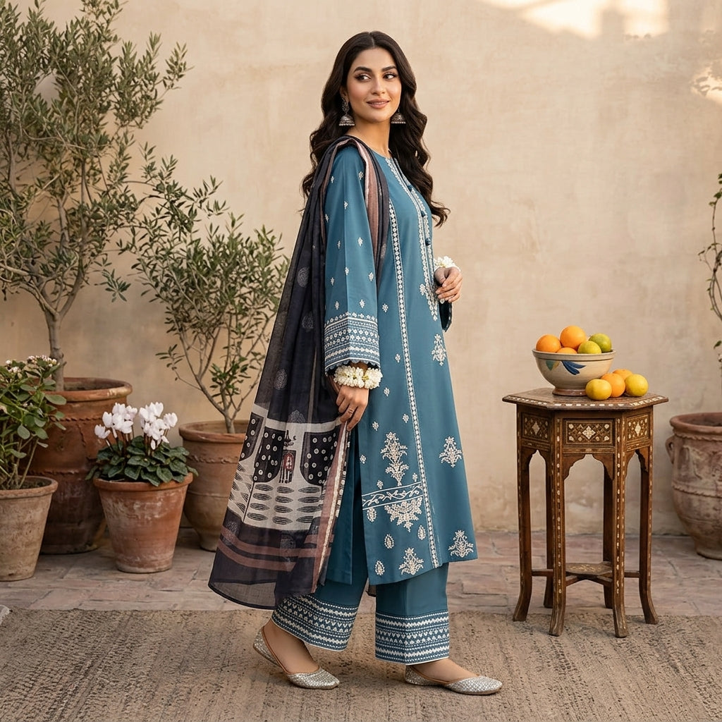 Premium 3 Pcs Unstitched Embroidered Lawn Suit – Turquoise