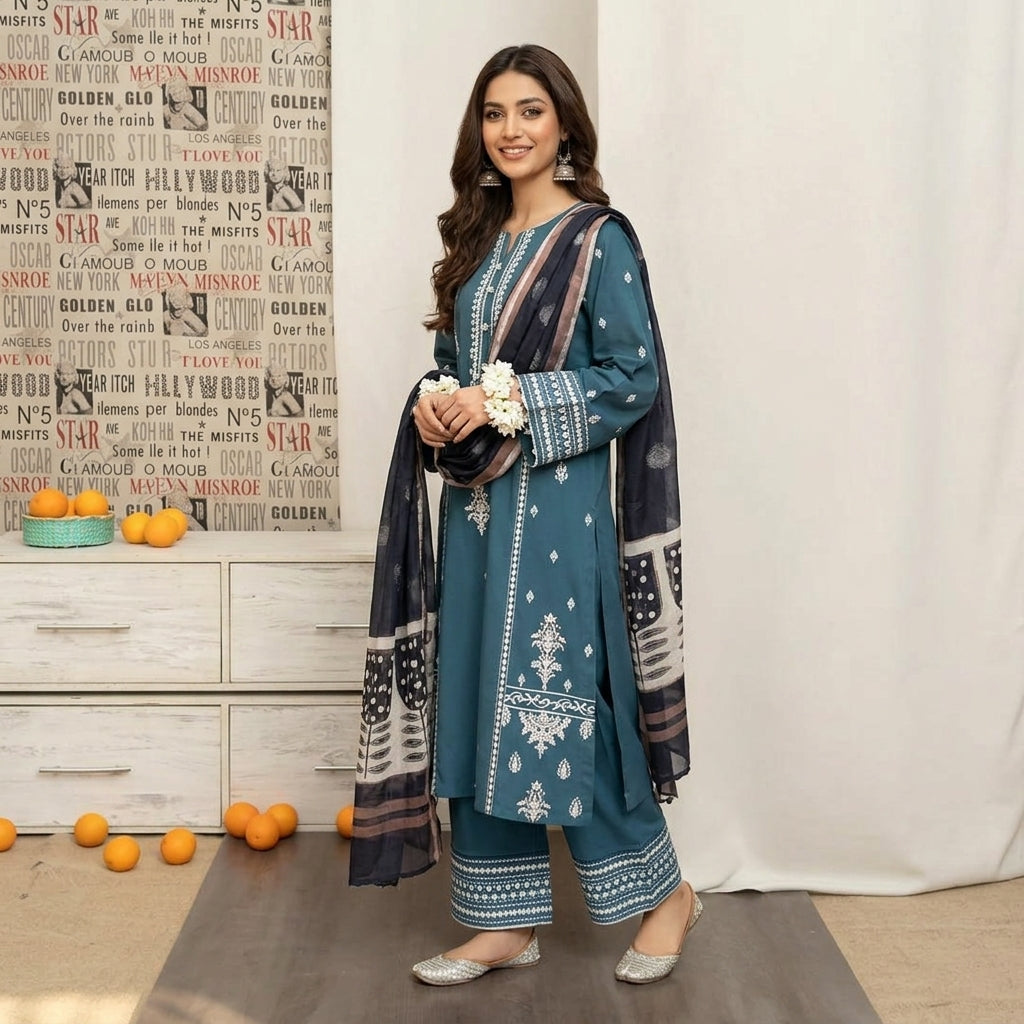 Premium 3 Pcs Unstitched Embroidered Lawn Suit – Turquoise