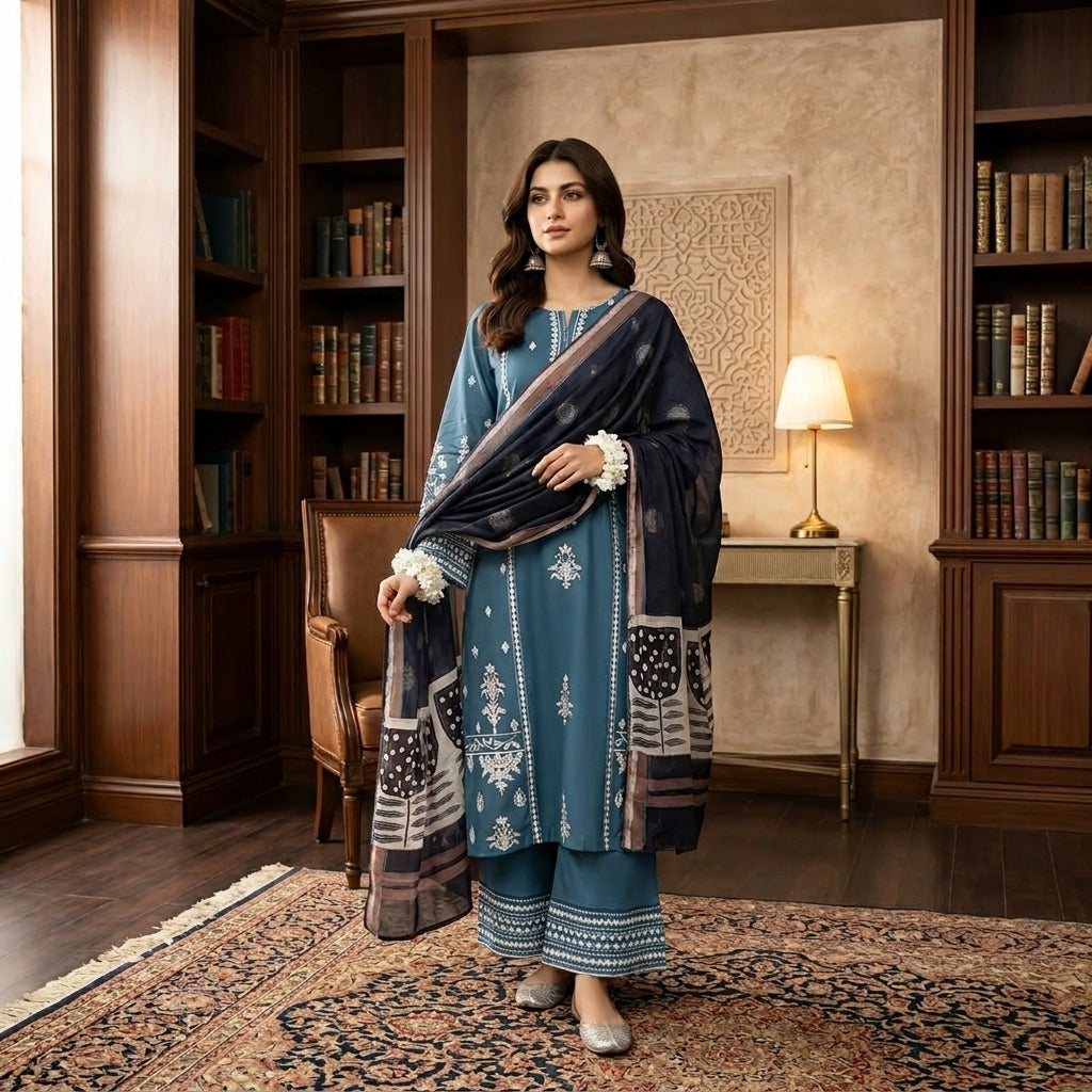 Premium 3 Pcs Unstitched Embroidered Lawn Suit – Turquoise