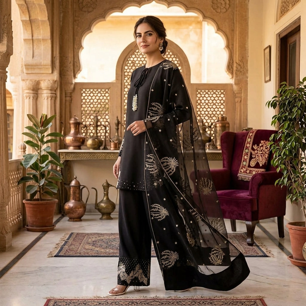 Luxury Sequins Embroidered 3 Pcs Raw Silk Suit – Blue