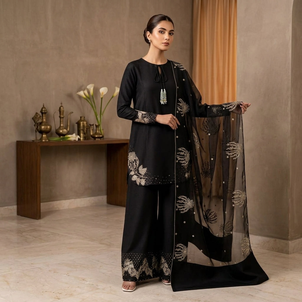 Luxury Sequins Embroidered 3 Pcs Raw Silk Suit – Blue