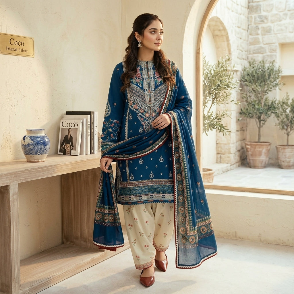 Premium 3 Pcs Unstitched Embroidered Lawn Suit
