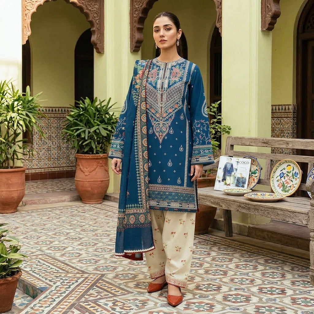 Premium 3 Pcs Unstitched Embroidered Lawn Suit