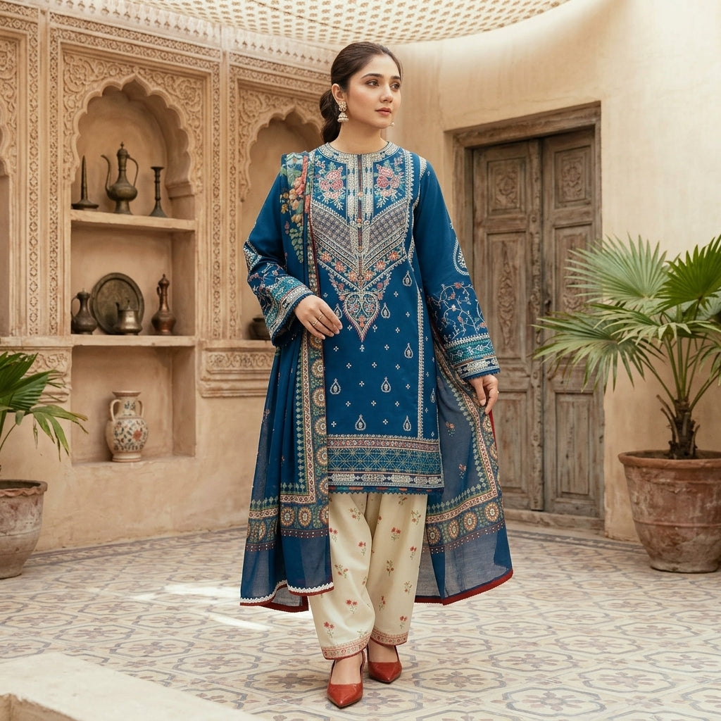 Premium 3 Pcs Unstitched Embroidered Lawn Suit