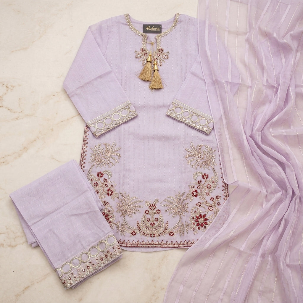 Premium Lavender Embroidered Kurta Set with Dupatta – 3 Pcs