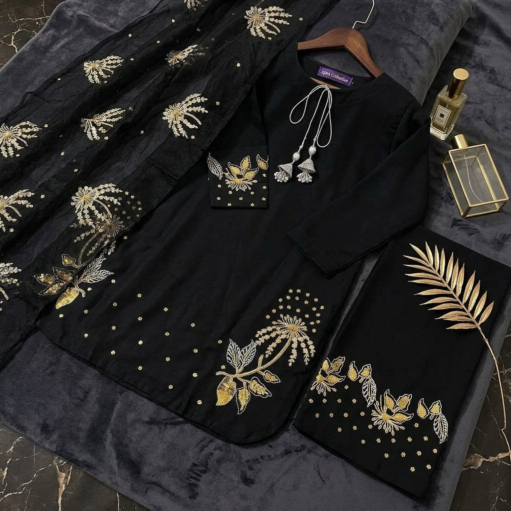 Luxury Sequins Embroidered 3 Pcs Raw Silk Suit – Blue