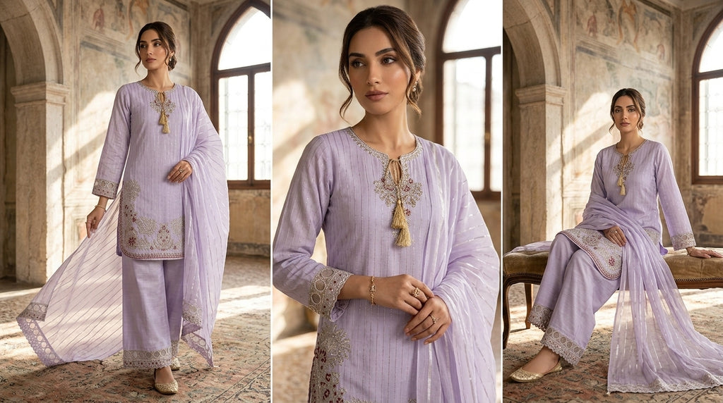Premium Lavender Embroidered Kurta Set with Dupatta – 3 Pcs