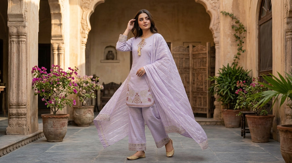 Premium Lavender Embroidered Kurta Set with Dupatta – 3 Pcs