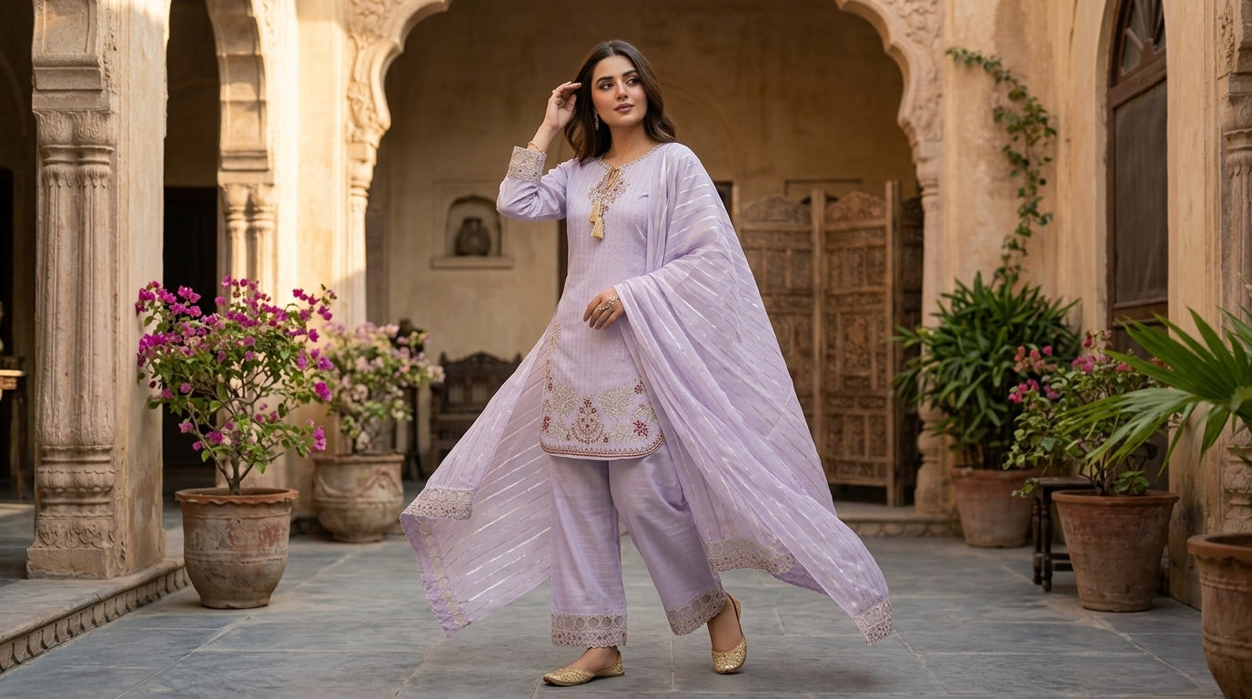 Premium Lavender Embroidered Kurta Set with Dupatta – 3 Pcs