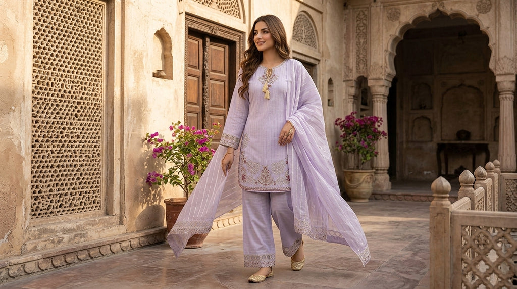 Premium Lavender Embroidered Kurta Set with Dupatta – 3 Pcs