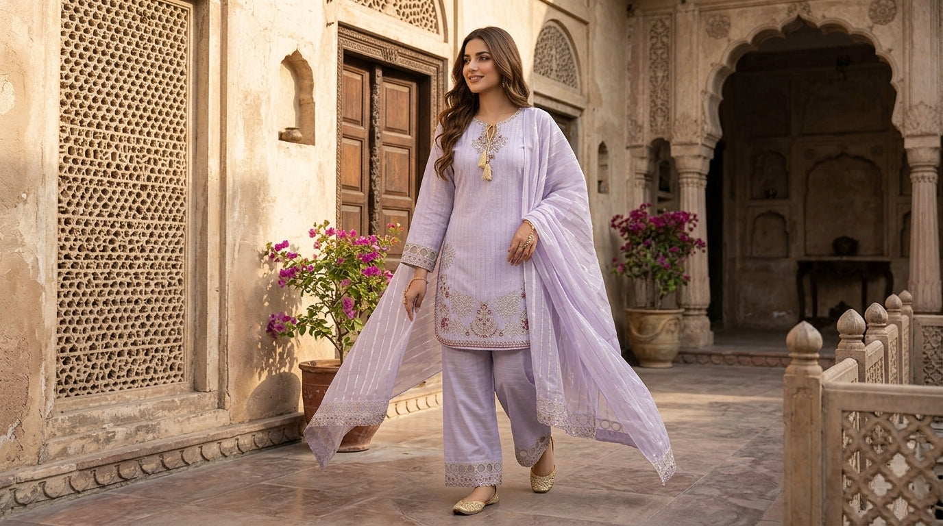Premium Lavender Embroidered Kurta Set with Dupatta – 3 Pcs